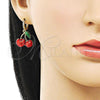 Oro Laminado Dangle Earring, Gold Filled Style Cherry Design, with White Micro Pave, Red Enamel Finish, Golden Finish, 02.417.0002