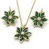 Oro Laminado Earring and Pendant Adult Set, Gold Filled Style Flower Design, with Green and White Cubic Zirconia, Polished, Golden Finish, 10.64.0157.3