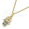 Oro Laminado Pendant Necklace, Gold Filled Style Hand of God Design, with Multicolor Micro Pave and White Cubic Zirconia, Polished, Golden Finish, 04.210.0055.1.20