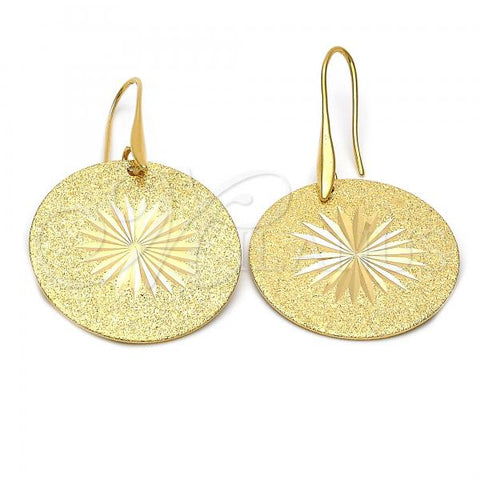 Oro Laminado Dangle Earring, Gold Filled Style Flower and Sun Design, Diamond Cutting Finish, Golden Finish, 5.092.003