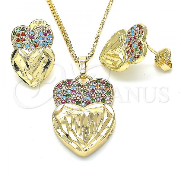Oro Laminado Earring and Pendant Adult Set, Gold Filled Style Heart Design, with Multicolor Micro Pave, Diamond Cutting Finish, Golden Finish, 10.233.0040.1