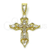 Oro Laminado Religious Pendant, Gold Filled Style Cross and Crucifix Design, with White Cubic Zirconia, Polished, Golden Finish, 05.253.0190