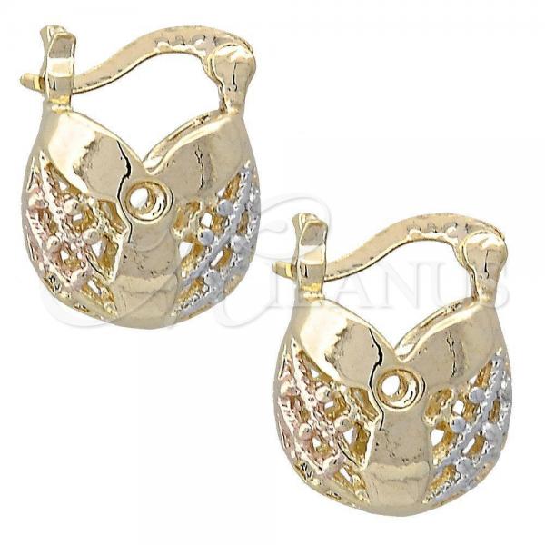 Oro Laminado Small Hoop, Gold Filled Style Filigree and Flower Design, Polished, Tricolor, 5.145.013.1