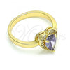 Oro Laminado Multi Stone Ring, Gold Filled Style Heart and Teardrop Design, with Amethyst and White Cubic Zirconia, Polished, Golden Finish, 01.210.0130.09