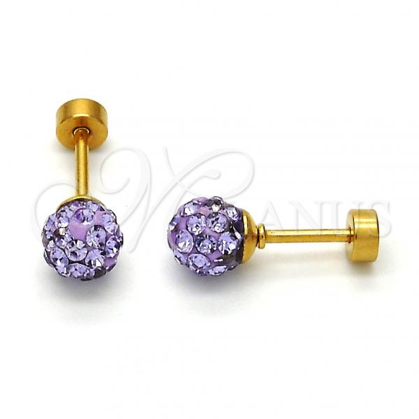 Stainless Steel Stud Earring, Ball Design, with Lavender Crystal, Polished, Golden Finish, 02.271.0010.8