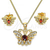 Oro Laminado Earring and Pendant Adult Set, Gold Filled Style Butterfly Design, with Garnet Cubic Zirconia and White Micro Pave, Polished, Golden Finish, 10.210.0128.2