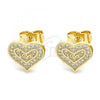 Oro Laminado Stud Earring, Gold Filled Style Heart and Love Design, with White Micro Pave, Polished, Golden Finish, 02.156.0626