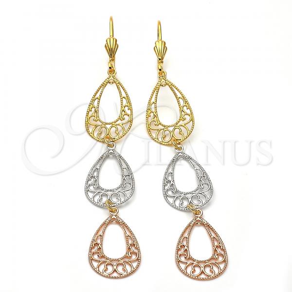 Oro Laminado Long Earring, Gold Filled Style Teardrop and Heart Design, Matte Finish, Tricolor, 5.065.001