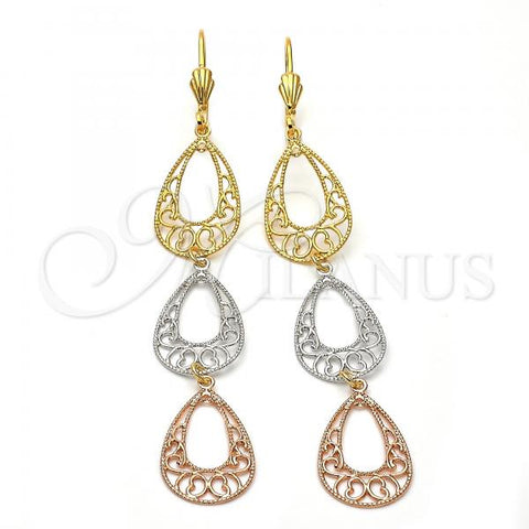 Oro Laminado Long Earring, Gold Filled Style Teardrop and Heart Design, Matte Finish, Tricolor, 5.065.001