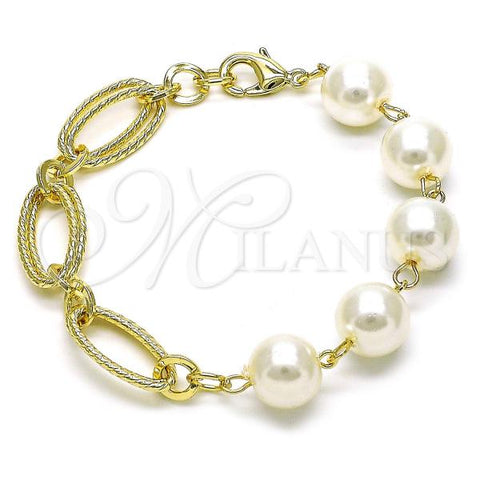 Oro Laminado Fancy Bracelet, Gold Filled Style Ball Design, with Ivory Pearl, Diamond Cutting Finish, Golden Finish, 03.331.0273.08