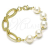 Oro Laminado Fancy Bracelet, Gold Filled Style Ball Design, with Ivory Pearl, Diamond Cutting Finish, Golden Finish, 03.331.0273.08