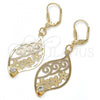 Oro Laminado Dangle Earring, Gold Filled Style Leaf and Flower Design, with White Crystal, Diamond Cutting Finish, Golden Finish, 64.014