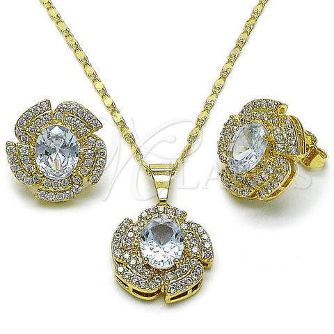 Oro Laminado Earring and Pendant Adult Set, Gold Filled Style Cluster and Flower Design, with White Cubic Zirconia, Polished, Golden Finish, 10.284.0044