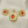 Oro Laminado Earring and Pendant Adult Set, Gold Filled Style with Orange Red Cubic Zirconia, Polished, Golden Finish, 5.046.004.1