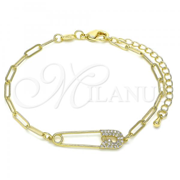 Oro Laminado Fancy Bracelet, Gold Filled Style Paperclip Design, with White Micro Pave, Polished, Golden Finish, 03.313.0035.07