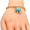 Oro Laminado Charm Bracelet, Gold Filled Style Elephant and Rolo Design, with White Crystal, Turquoise Enamel Finish, Golden Finish, 03.179.0001.2.07