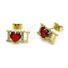 Oro Laminado Stud Earring, Gold Filled Style Love and Heart Design, with Garnet and White Cubic Zirconia, Polished, Golden Finish, 02.411.0057.1