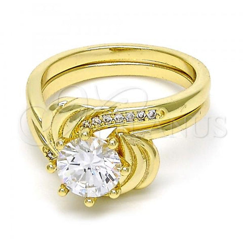 Oro Laminado Wedding Ring, Gold Filled Style Duo Design, with White Cubic Zirconia and White Micro Pave, Polished, Golden Finish, 01.99.0042.07 (Size 7)
