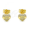Oro Laminado Stud Earring, Gold Filled Style Mom and Heart Design, with White Micro Pave, Polished, Golden Finish, 02.156.0630