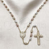 Oro Laminado Thin Rosary, Gold Filled Style Guadalupe and Crucifix Design, with White Micro Pave, Diamond Cutting Finish, Tricolor, 09.253.0084.26