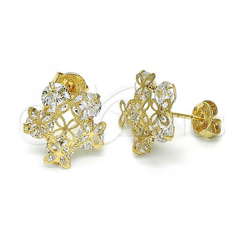 Oro Laminado Stud Earring, Gold Filled Style Flower Design, with White Cubic Zirconia, Polished, Golden Finish, 02.106.0025