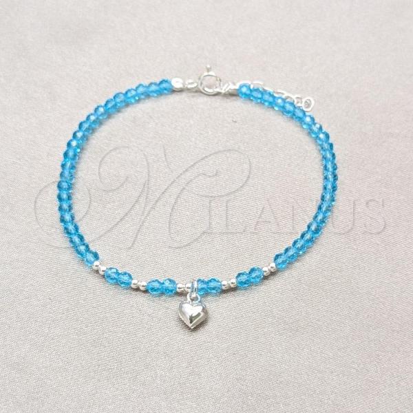 Sterling Silver Fancy Bracelet, Heart and Ball Design, with Aqua Blue Crystal, Polished, Silver Finish, 03.426.0052.07