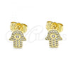 Oro Laminado Stud Earring, Gold Filled Style Hand of God Design, with White Micro Pave and White Cubic Zirconia, Polished, Golden Finish, 02.156.0569