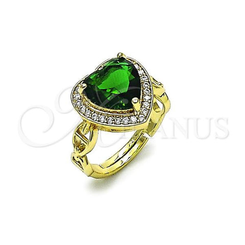 Oro Laminado Multi Stone Ring, Gold Filled Style Heart and Puff Mariner Design, with Green Cubic Zirconia and White Micro Pave, Polished, Golden Finish, 01.284.0107.1