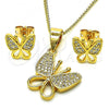 Oro Laminado Earring and Pendant Adult Set, Gold Filled Style Butterfly Design, with White Micro Pave, Polished, Golden Finish, 10.342.0067