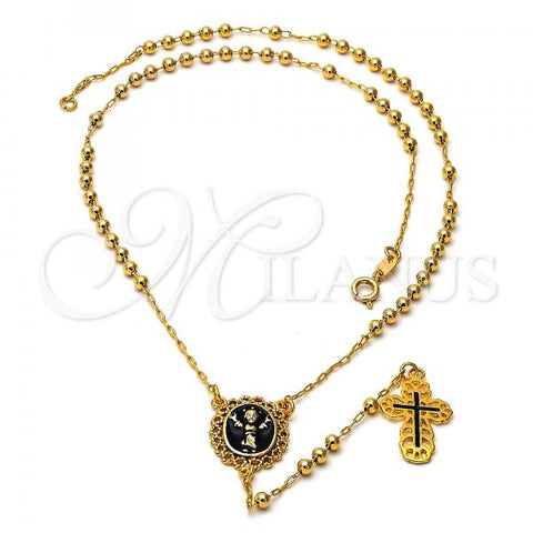 Oro Laminado Medium Rosary, Gold Filled Style Divino Niño Design, Black Enamel Finish, Golden Finish, 09.59.0001