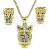 Oro Laminado Earring and Pendant Adult Set, Gold Filled Style Owl Design, with Multicolor Micro Pave, Polished, Golden Finish, 10.156.0340.1