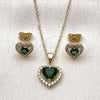 Oro Laminado Earring and Pendant Adult Set, Gold Filled Style Heart and Cluster Design, with Green and White Cubic Zirconia, Polished, Golden Finish, 10.156.0539