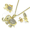 Oro Laminado Earring and Pendant Adult Set, Gold Filled Style Elephant Design, with White Micro Pave, Polished, Golden Finish, 10.284.0016.1