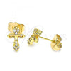 Oro Laminado Stud Earring, Gold Filled Style Cross Design, with White Micro Pave, Polished, Golden Finish, 02.310.0049