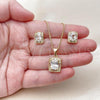 Oro Laminado Earring and Pendant Adult Set, Gold Filled Style Cluster and Baguette Design, with White Cubic Zirconia and White Micro Pave, Polished, Golden Finish, 10.342.0233