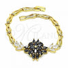 Oro Laminado Fancy Bracelet, Gold Filled Style Flower and Fish Design, with Black and White Cubic Zirconia, Polished, Golden Finish, 03.316.0074.08