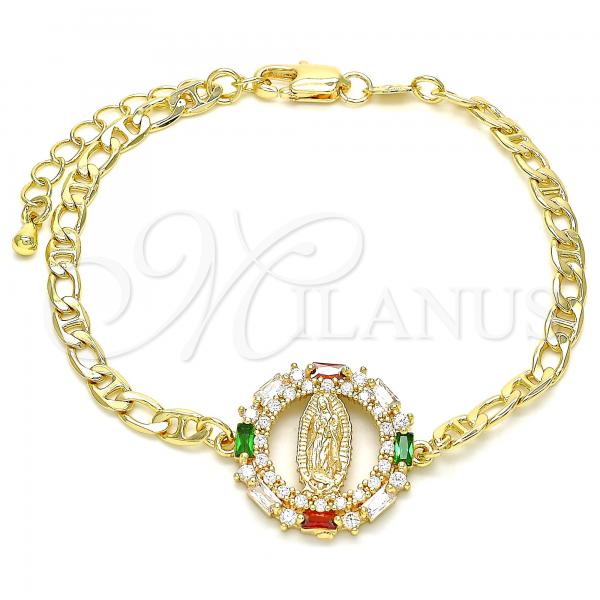 Oro Laminado Fancy Bracelet, Gold Filled Style Guadalupe Design, with Multicolor Cubic Zirconia and White Micro Pave, Polished, Golden Finish, 03.210.0146.1.07