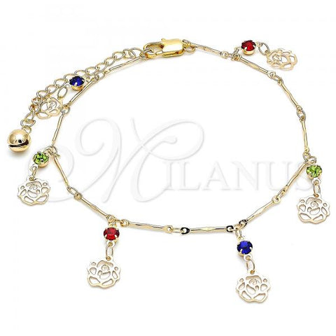 Oro Laminado Charm Anklet , Gold Filled Style Flower and Rattle Charm Design, with Multicolor Crystal, Polished, Golden Finish, 03.213.0108.1.10