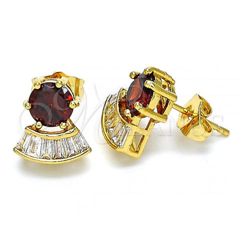 Oro Laminado Stud Earring, Gold Filled Style with Garnet and White Cubic Zirconia, Polished, Golden Finish, 02.346.0008