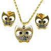 Oro Laminado Earring and Pendant Adult Set, Gold Filled Style Owl Design, with Multicolor Micro Pave and Black Cubic Zirconia, Polished, Golden Finish, 10.196.0049