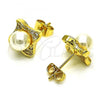 Oro Laminado Stud Earring, Gold Filled Style with Ivory Pearl and White Micro Pave, Polished, Golden Finish, 02.156.0655
