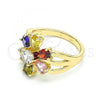 Oro Laminado Multi Stone Ring, Gold Filled Style Flower Design, with Multicolor Cubic Zirconia, Polished, Golden Finish, 01.210.0143.08