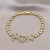 Oro Laminado Fancy Bracelet, Gold Filled Style Heart Design, with White Micro Pave and White Cubic Zirconia, Polished, Golden Finish, 03.283.0368.07