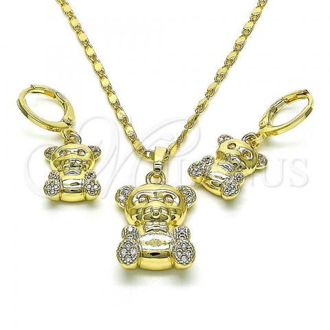 Oro Laminado Earring and Pendant Adult Set, Gold Filled Style Teddy Bear Design, with White Micro Pave, Polished, Golden Finish, 10.196.0053.1