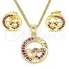 Oro Laminado Earring and Pendant Adult Set, Gold Filled Style Heart Design, with Ruby Micro Pave, Polished, Golden Finish, 10.156.0269.1