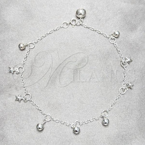 Sterling Silver Fancy Anklet, Star and Ball Design, Polished, Silver Finish, 03.409.0154.10