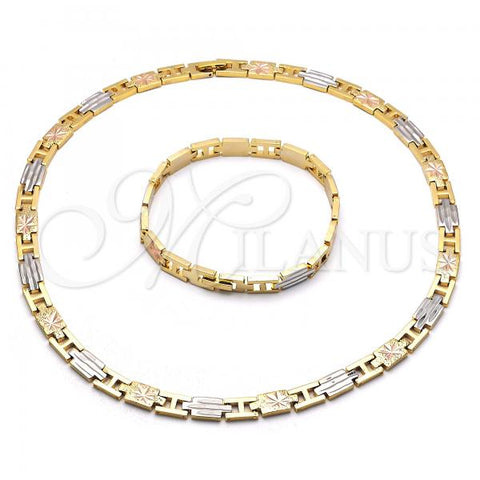 Oro Laminado Necklace and Bracelet, Gold Filled Style Diamond Cutting Finish, Tricolor, 06.102.0004