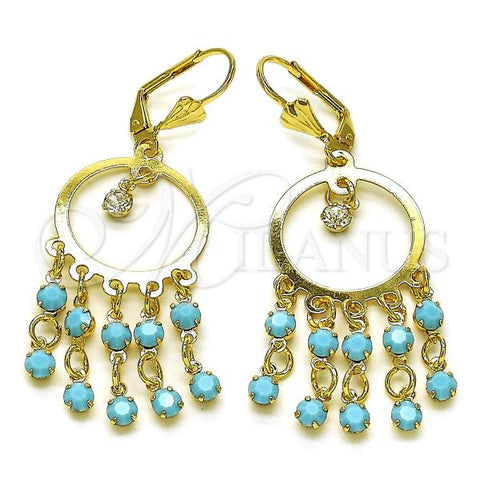 Oro Laminado Long Earring, Gold Filled Style with Turquoise and White Crystal, Polished, Golden Finish, 02.414.0005