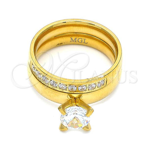Stainless Steel Wedding Ring, Duo Design, with White Cubic Zirconia and White Crystal, Polished, Golden Finish, 01.223.0013.08 (Size 8)