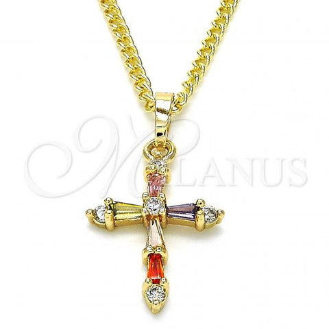 Oro Laminado Pendant Necklace, Gold Filled Style Cross Design, with Multicolor Cubic Zirconia, Polished, Golden Finish, 04.284.0009.3.20